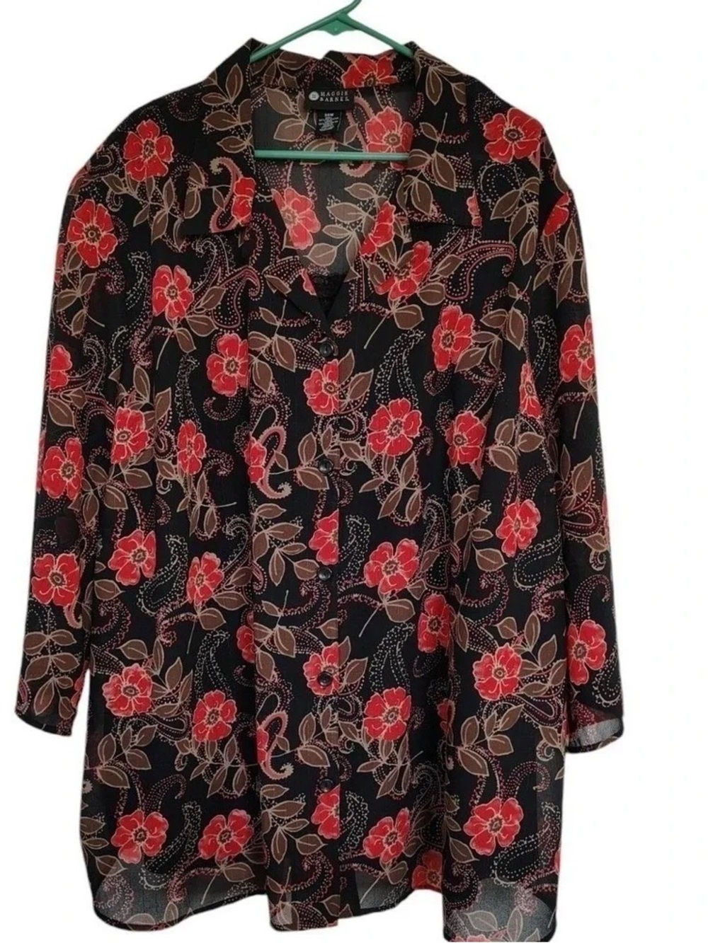 Maggie Barnes Black Floral Button-Front Tunic with Red Flowers